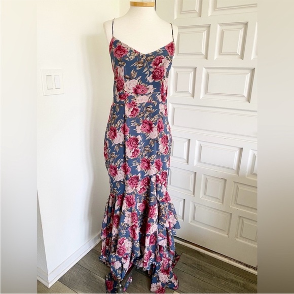 Dresses & Skirts - Long Maxi Mermaid Style Dress Blue Pink Floral Corset Lace Up Ruffles